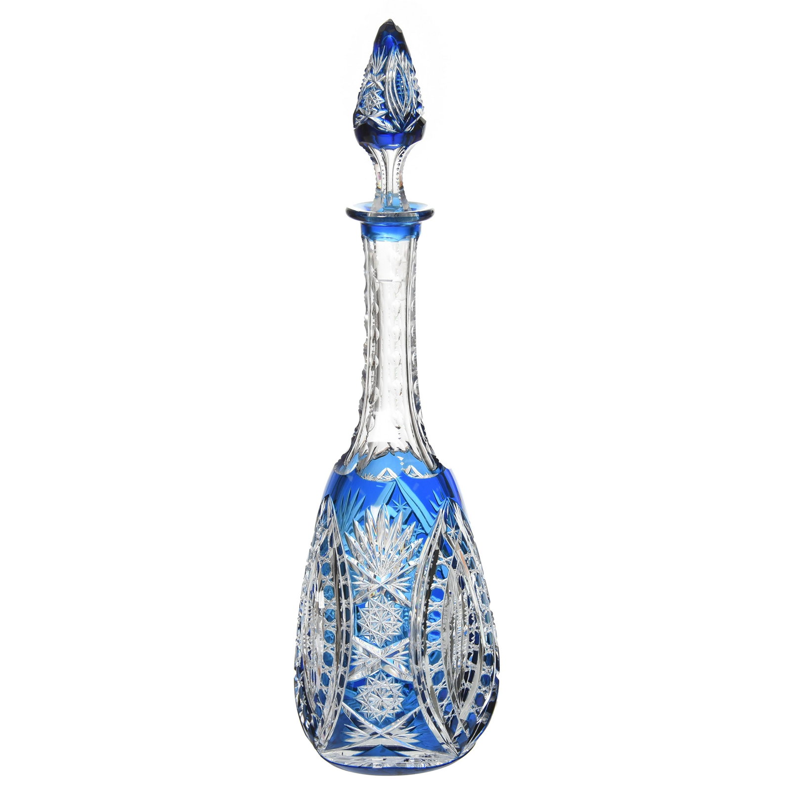Cordial Decanter, Val St. Lambert: Cordial Decanter by Val St. Lambert, BPCG, 12" French Blue Cut to Clear, Ariane Pattern, Triangular Shape, circa 1908, Matching Number to Bottle & Stopper