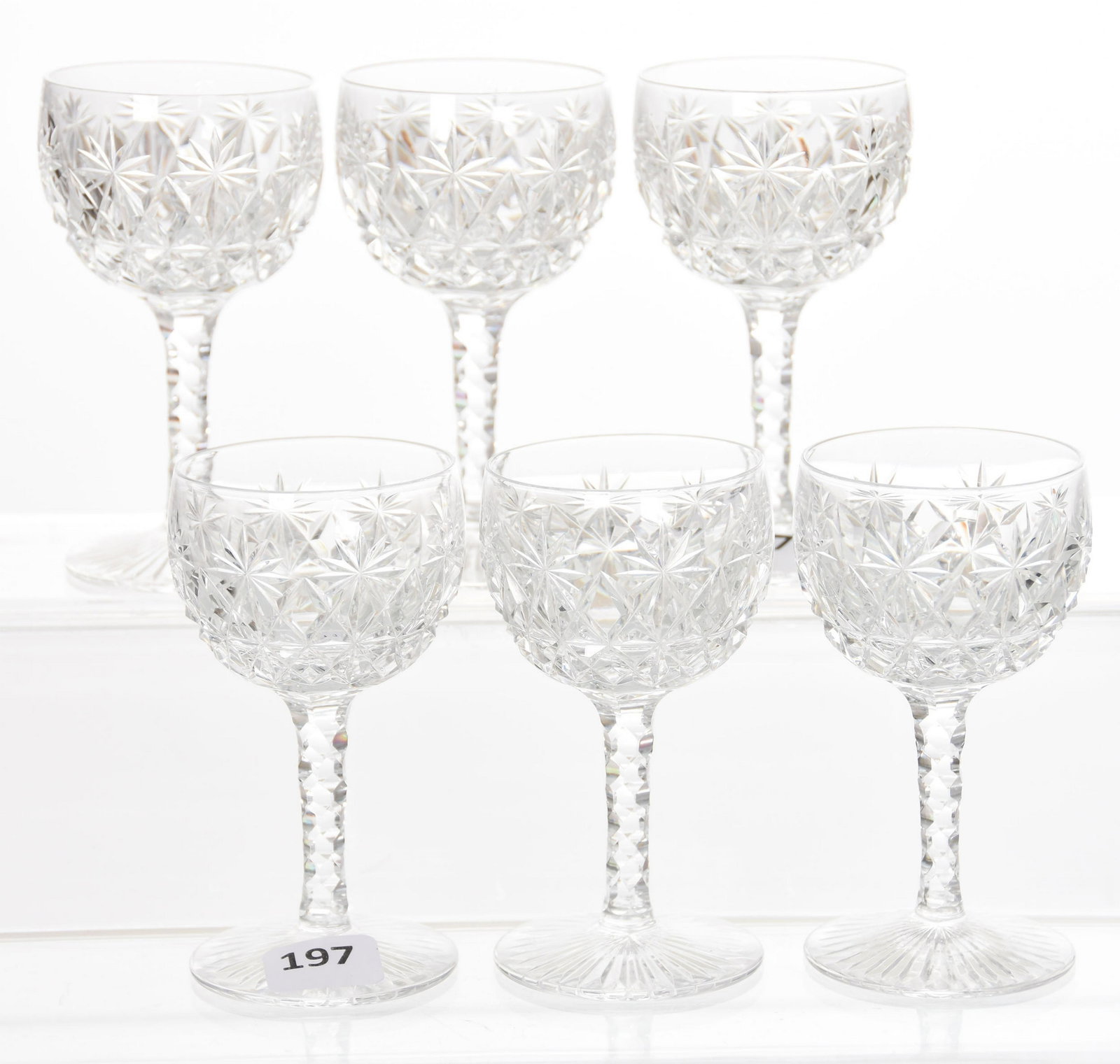(6) Wine Stems, Val St. Lambert: (6) Wine Stems by Val St. Lambert, BPCG, 4" Richard Pattern, Clear with Diamond Cut Stem, Ray Cut Base