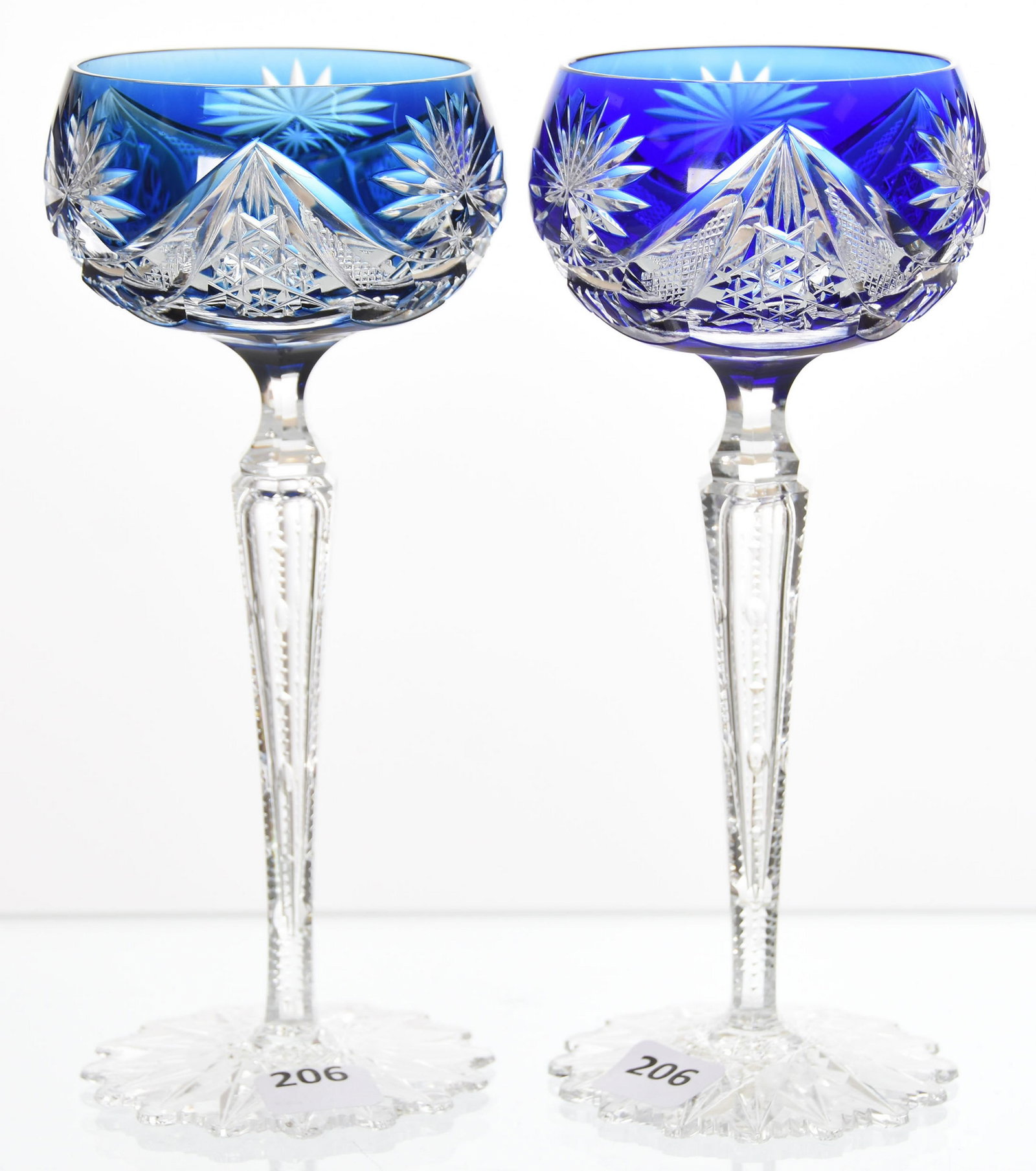 (2) Wine Stems, Val St. Lambert: (2) Wine Stems by Val St. Lambert, BPCG, 7.75" Epinal Pattern, Circa 1906, Hollow Notched Stem, Scalloped Hobstar Foot; (1) Cobalt, (1) French Blue