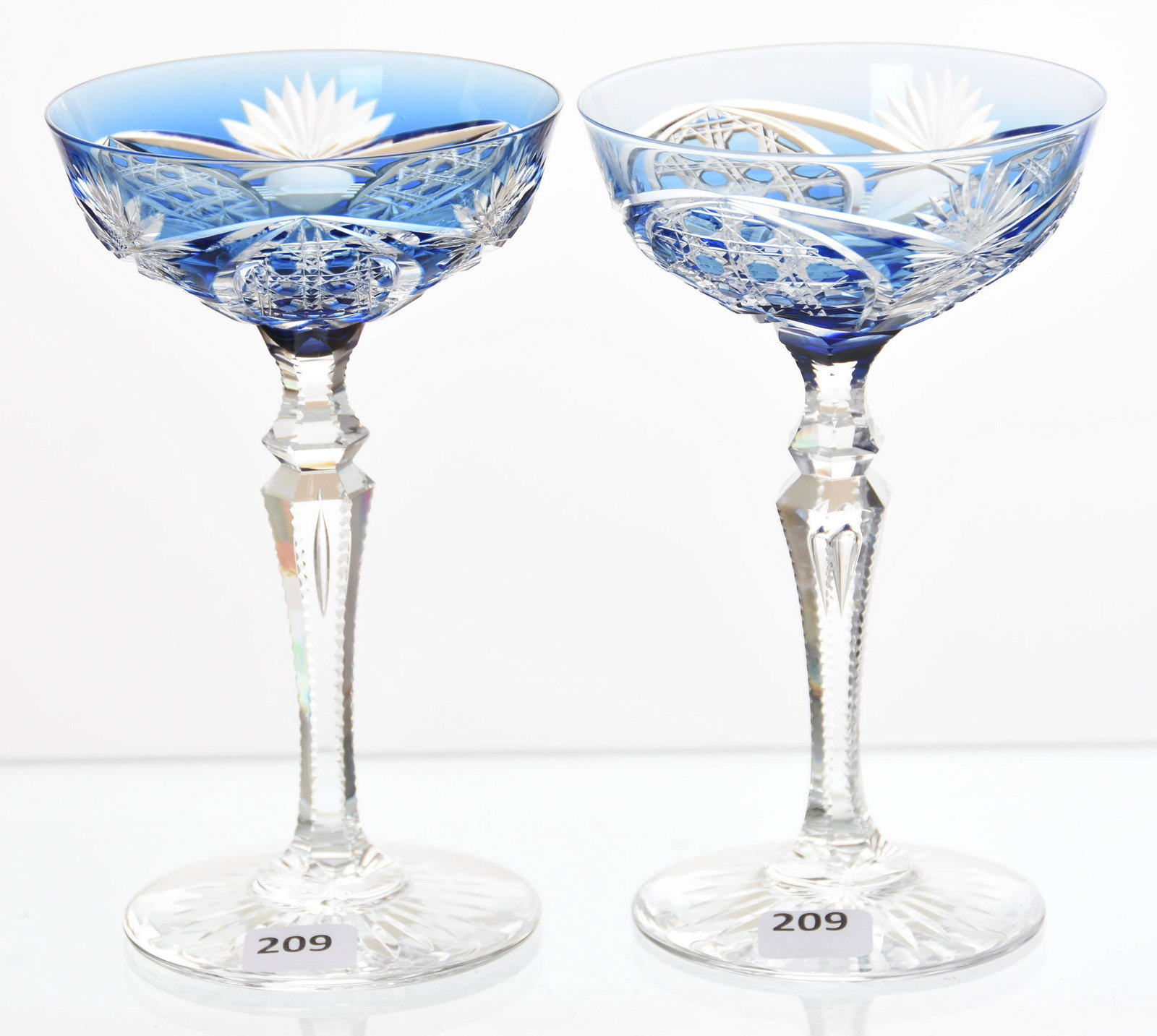 (2) Champagne Stems, Val St. Lambert: (2) Champagne Stems by Val St. Lambert, BPCG, 6.5" French Blue Cut to Clear, Richepin Pattern, circa 1920, Teardrop Notched Stem, Ray Cut Foot