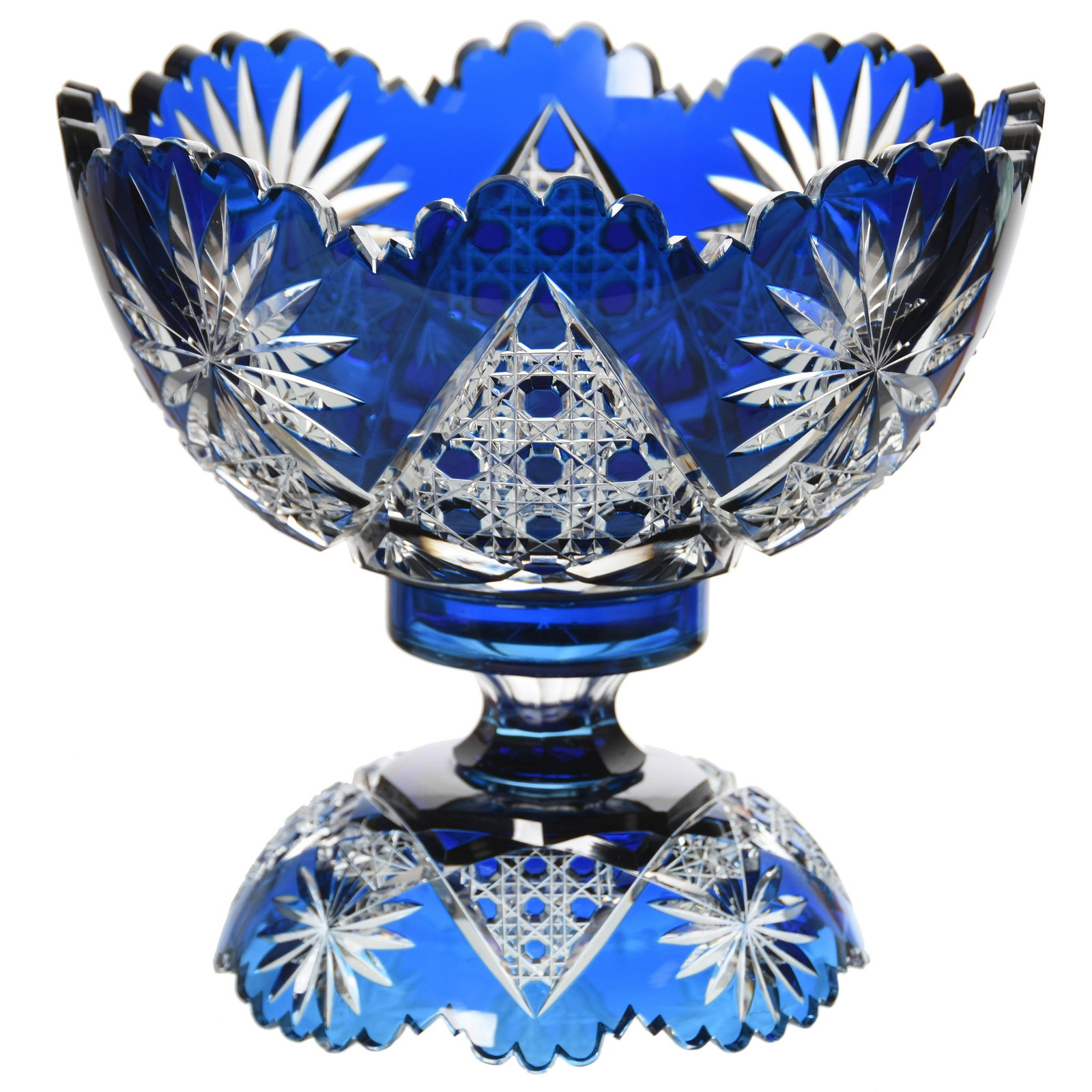 Punch Bowl, Val St. Lambert: Punch Bowl by Val St. Lambert, BPCG, 9" X 10" Cobalt Blue Cut to Clear, Design HF-421, Circa 1910; Minor Nicks on Base
