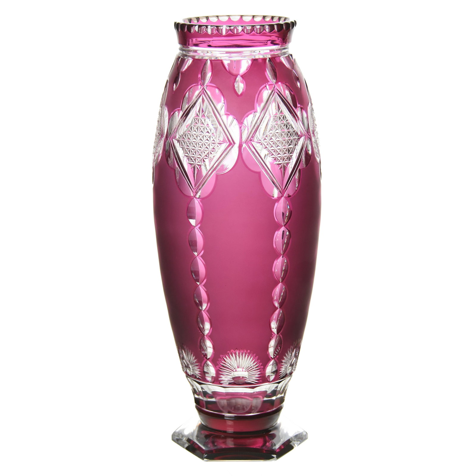 Vase, Val St. Lambert: Vase by Val St. Lambert, BPCG, 10" Amethyst Cut to Clear, Unknown Design, Evian Shape, Satin Finish, Hexagonal Foot