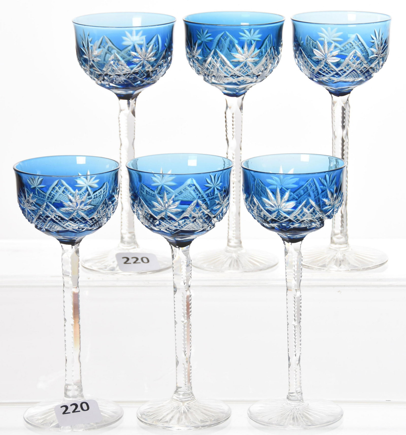 (6) Cordial Stems, Val St. Lambert: (6) Cordial Stems by Val St. Lambert, BPCG, 5.25" French Blue Cut to Clear, Marconi Pattern, Notched Stem, Ray Cut Foot; Tulip Shaped Bowls