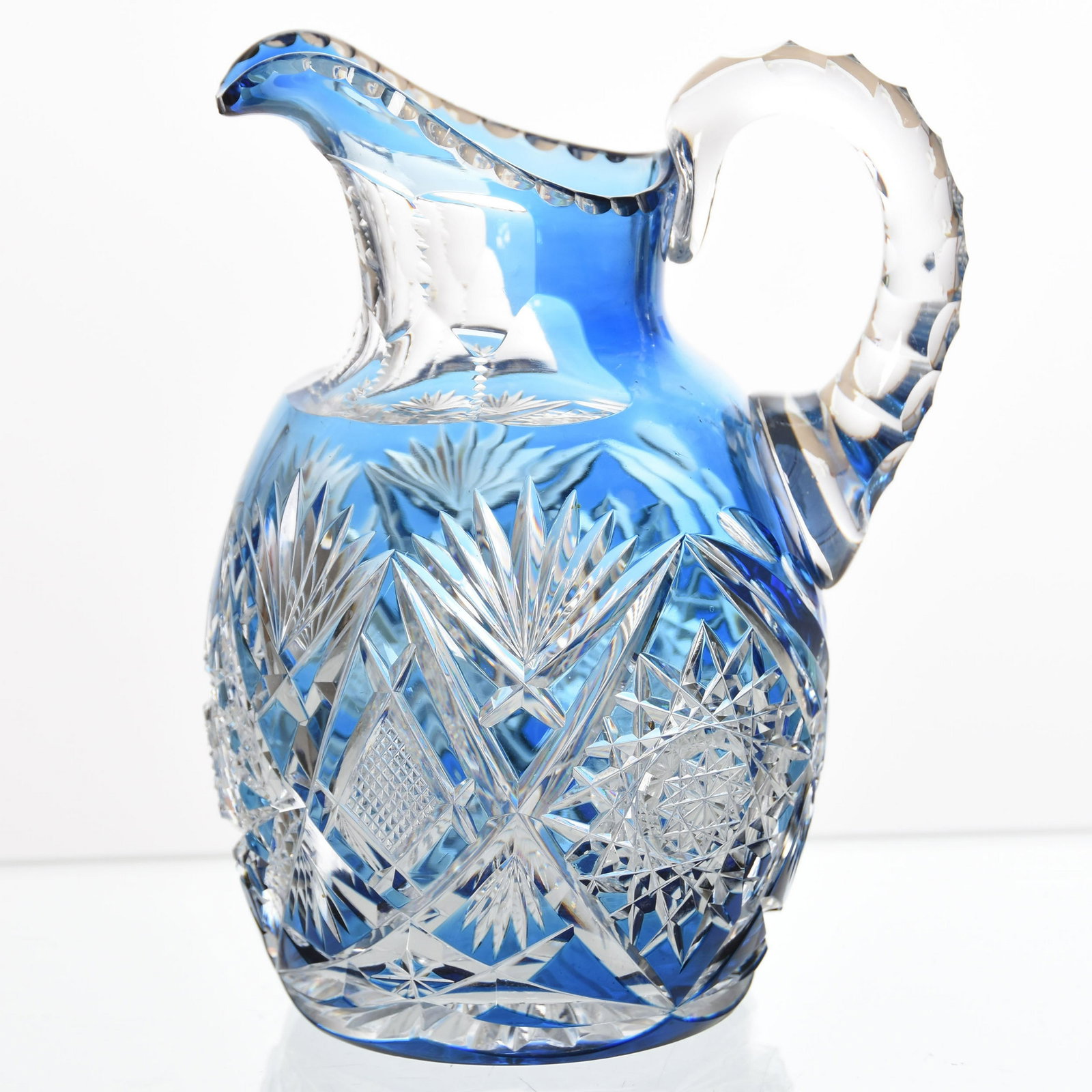 Water Pitcher, Val St. Lambert: Water Pitcher by Val St. Lambert, BPCG, 7.25" French Blue Cut to Clear, Design 3863/17, Van Dyck Shape, Circa 1908