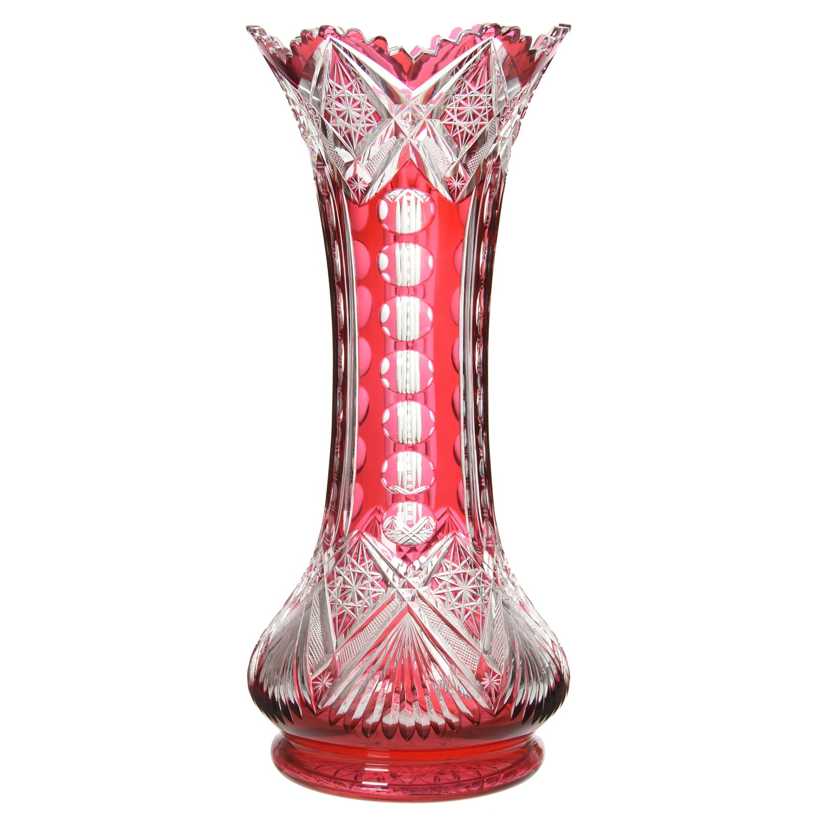Vase, Val St. Lambert: Super Vase by Val St. Lambert, BPCG, 18" Cranberry Cut to Clear, Design 3613/17, Circa 1908; Hobstar Base; Great Size!