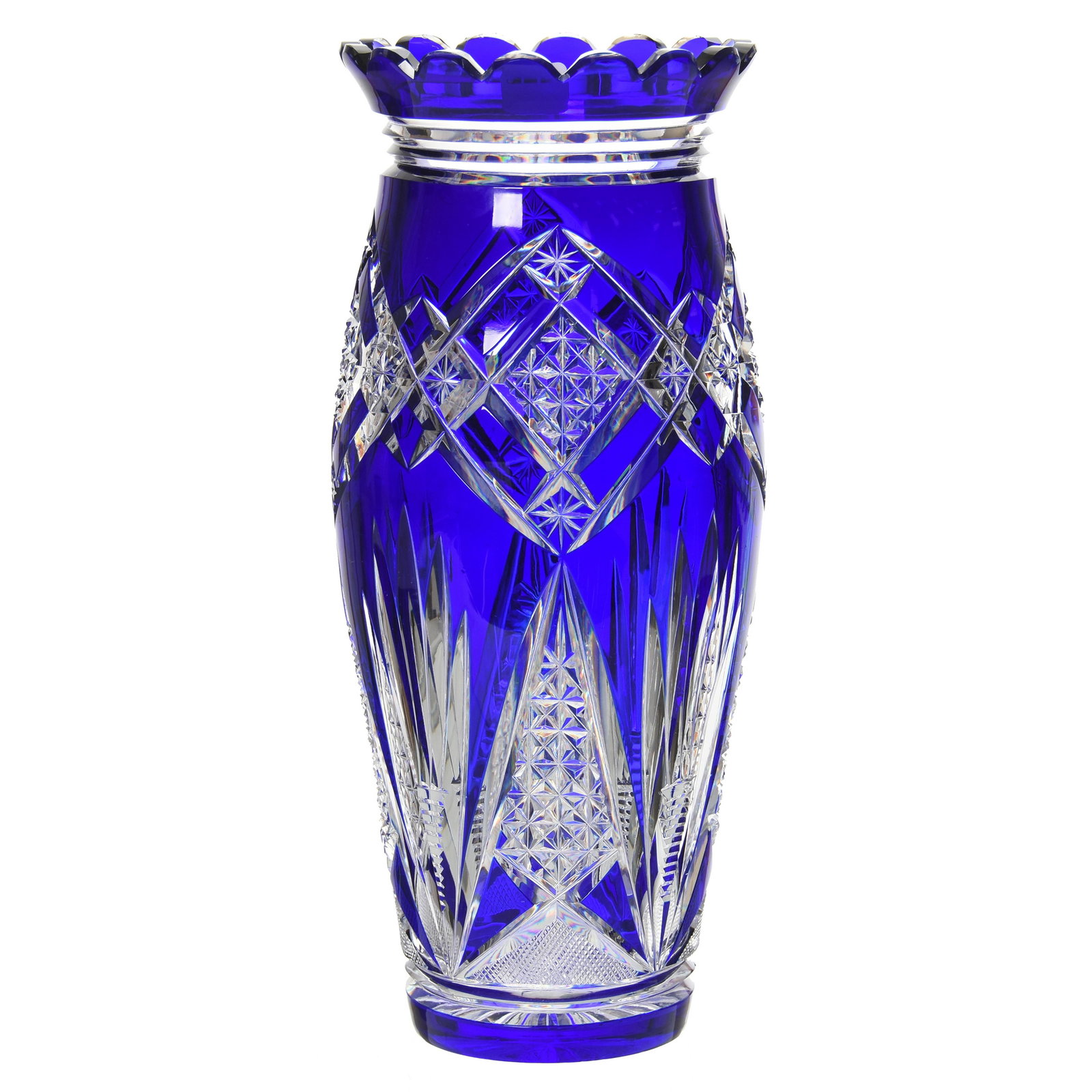 Vase, Val St. Lambert: Vase by Val St. Lambert, BPCG, 12" Cobalt Blue Cut to Clear, Paine Pattern, circa 1910, Ray Cut Base; Very Nice!