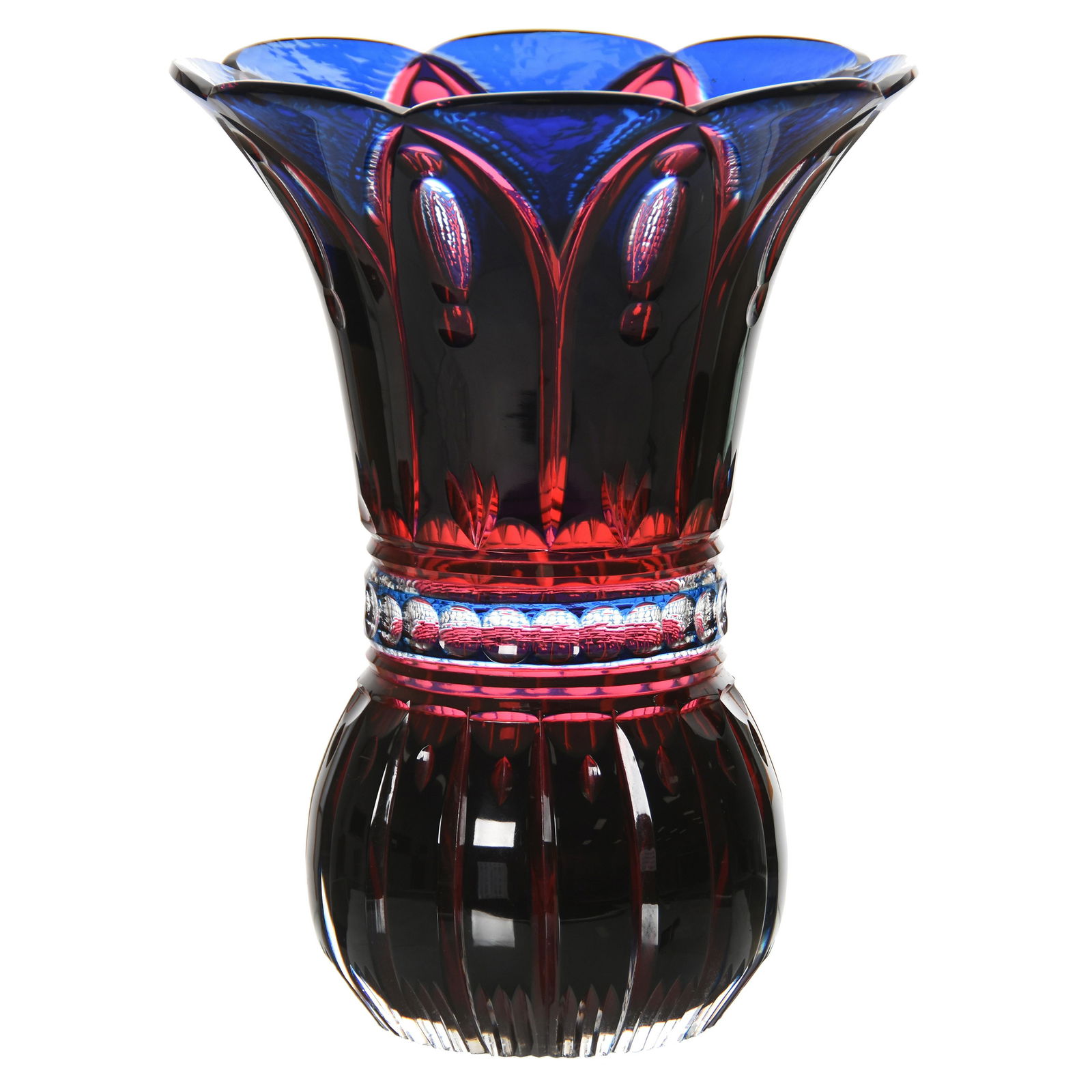 Flared Vase, Val St. Lambert: Rare Flared Vase by Val St. Lambert, BPCG, 9.75" Cobalt Blue Cut to Ruby Cut to Clear, Merrimack Pattern, circa 1925; Pattern Features Arches, Punte & Mitre Motif; Cut Interior & Exterior; Exceptional