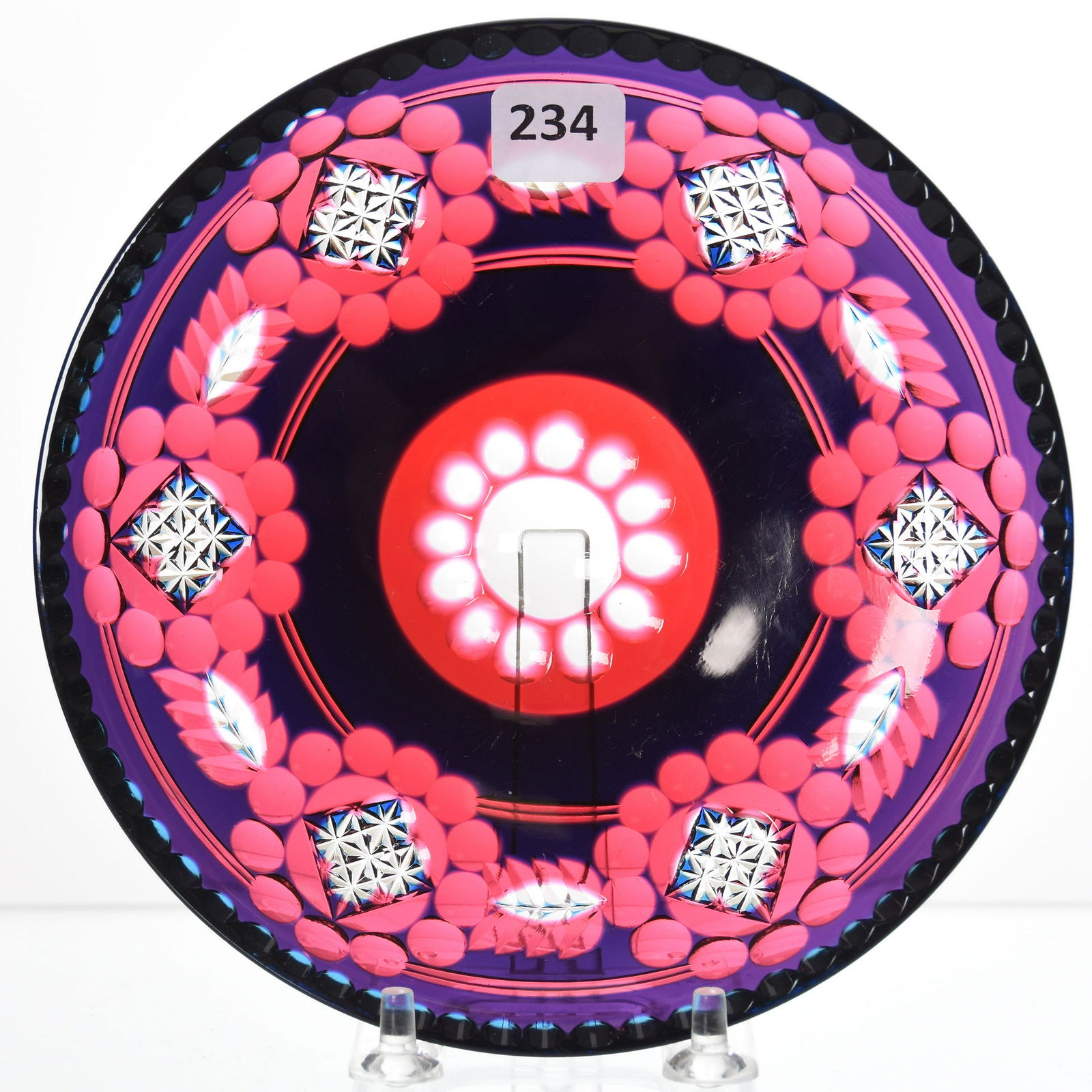 Plate, Val St. Lambert: Plate/Dish by Val St. Lambert, BPCG, 6.75" Cobalt Blue Cut to Cranberry Cut to Clear, Beatrice Pattern, Cut on Top and Underside, Circa 1925; Rare!