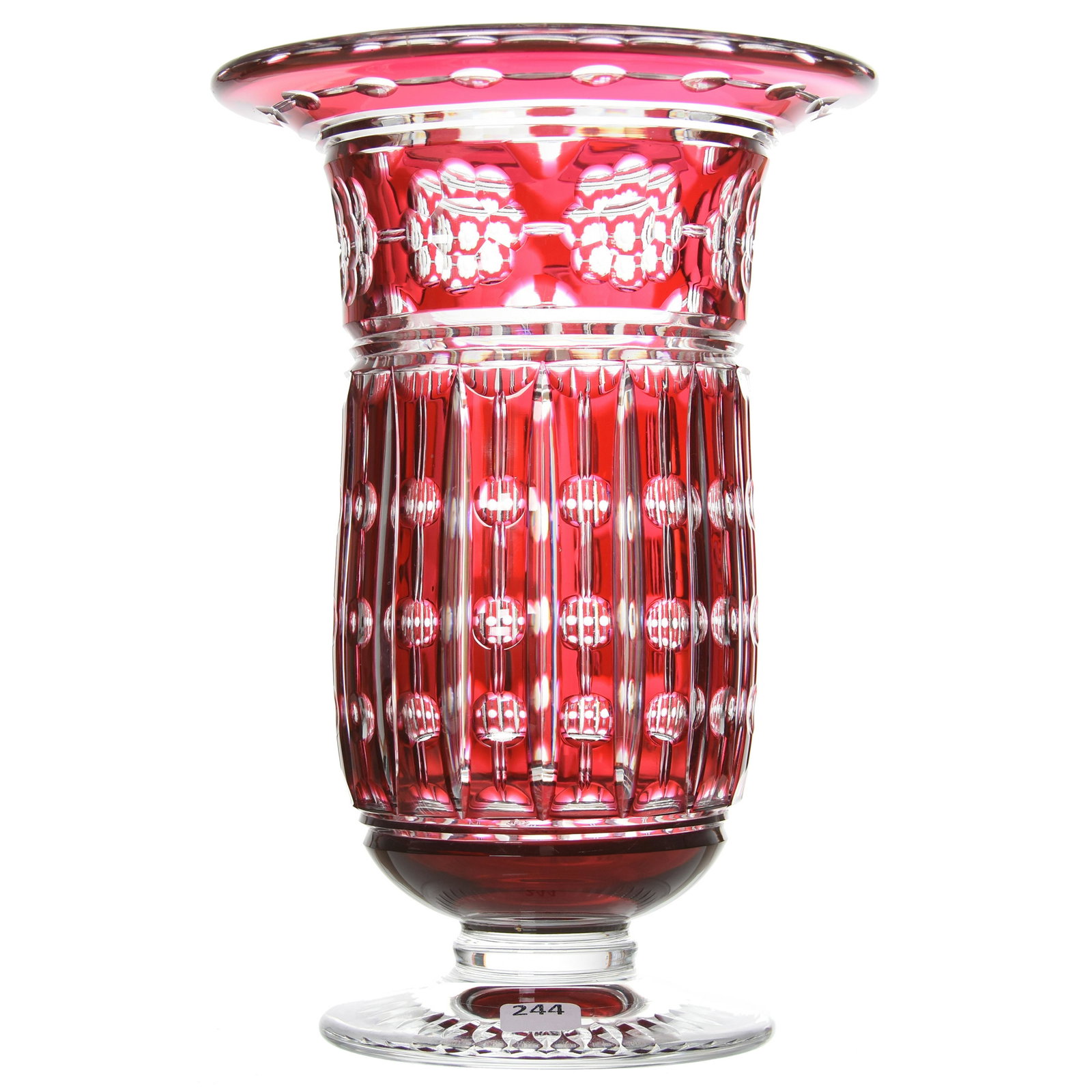 Pedestal Vase Signed Val St. Lambert: Pedestal Vase Signed Val St. Lambert, BPCG, 11" Cranberry Cut to Clear, Design S/141, Antar Shape, Clear Foot