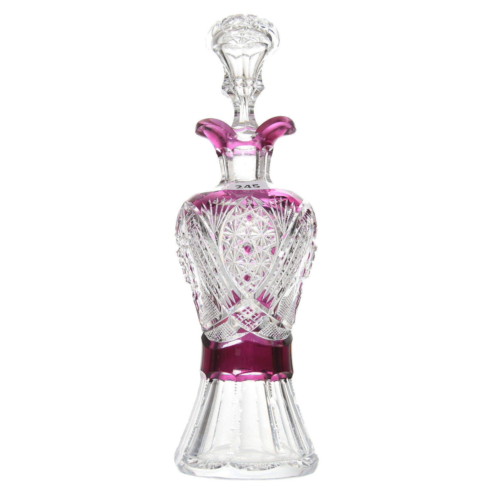 Spirit Bottle, Val St. Lambert: Spirit Bottle by Val St. Lambert, BPCG, 10.75" Amethyst Cut to Clear, Design HF-170, Shape 4072/17, Circa 1900; Double Spout, Hobstar Base, Matching Numbers on Bottle & Stopper, Interior Needs Some Cl