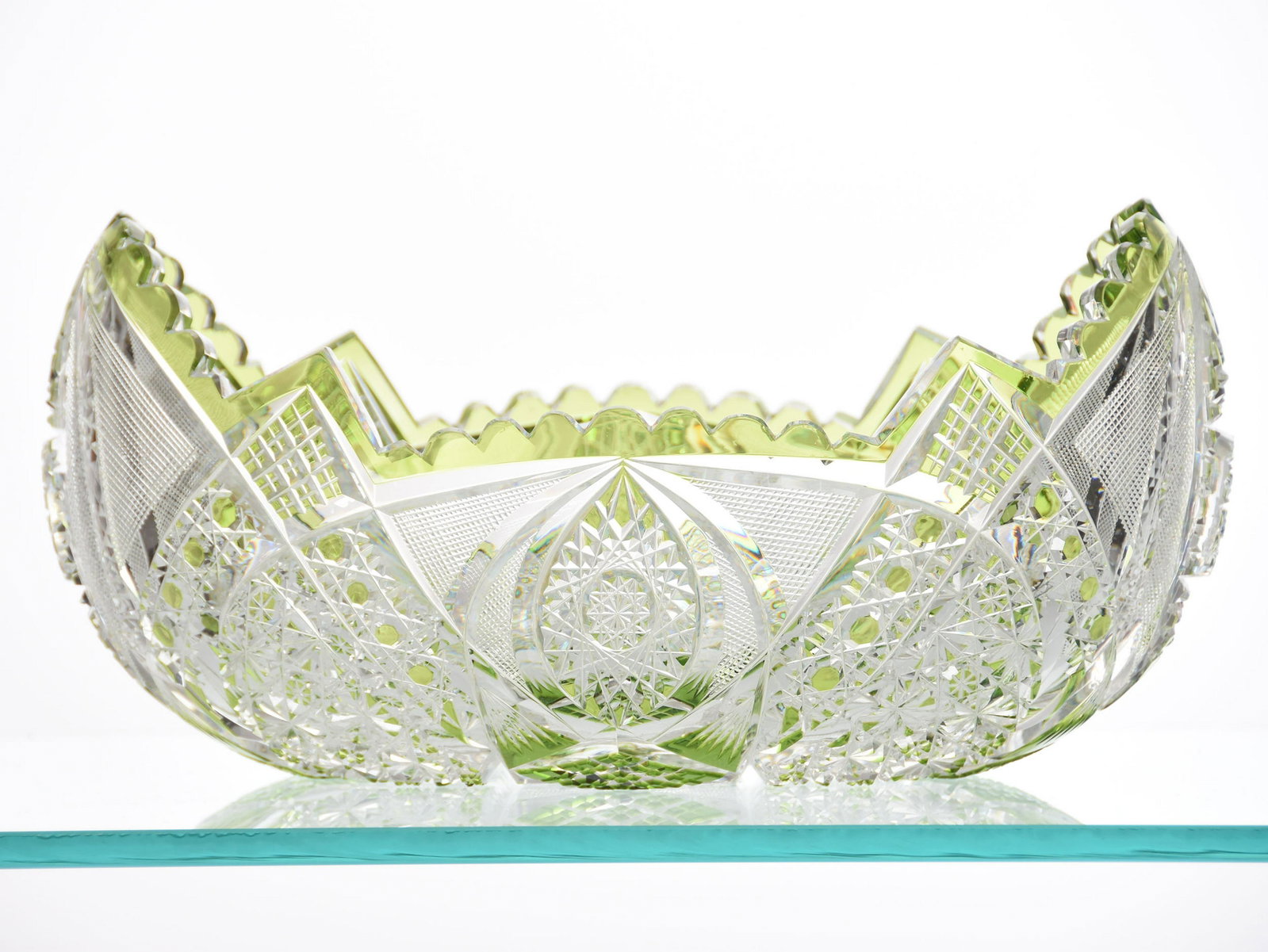 Nut Bowl, Val St. Lambert: Nut Bowl by Val St. Lambert, BPCG, 6" X 12" Light Green Cut to Clear, Design 3848/17, Circa 1908, Well Cut