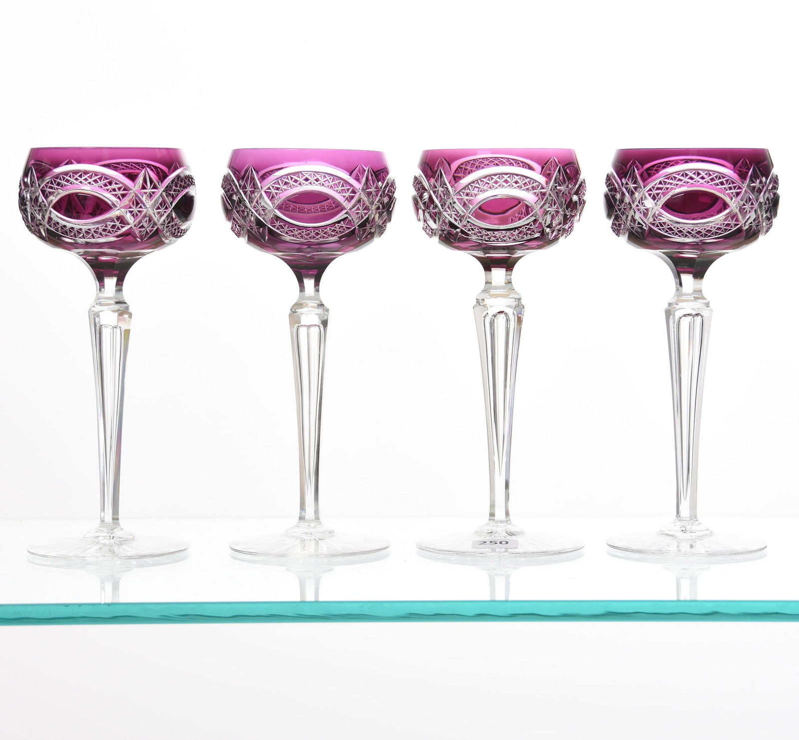 (4) Wine Stems, Val St. Lambert: (4) Wine Stems by Val St. Lambert, BPCG, 7.75" Amethyst Cut to Clear, Nancy Pattern, circa 1905, Hollow Stem, Ray Cut Foot