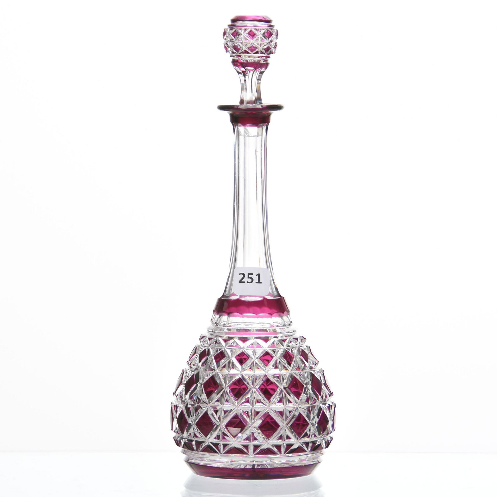 Cordial Decanter, Val St. Lambert: Cordial Decanter by Val St. Lambert, BPCG, 11" Amethyst Cut to Clear, Carlton Pattern, Legagneux Shape, Ray Cut Base, Slanted Chip on Stopper Plug