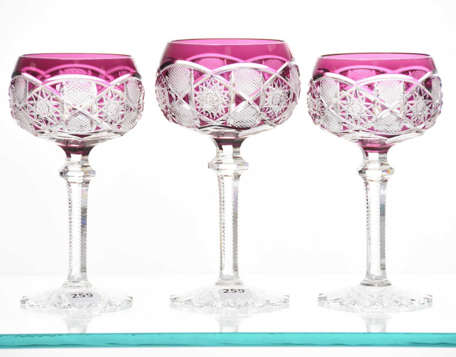 (3) Wine Stems, Val St. Lambert: (3) Wine Stems by Val St. Lambert, BPCG Amethyst Cut to Clear, Saarbrucken Pattern, Circa 1905, Berncastel Stem, Scalloped Hobstar Foot; (2) 6.5"; (1) 7"