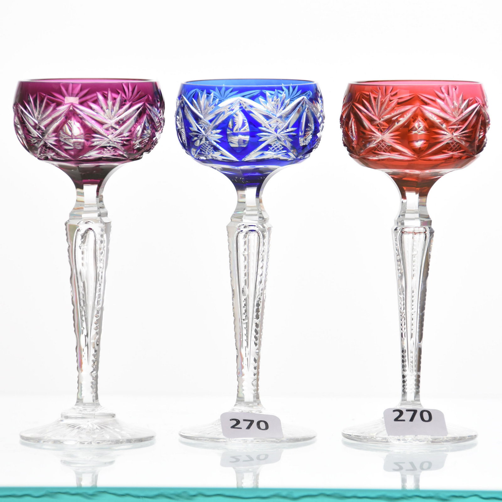 (3) Cordial Stems, Val St. Lambert: (3) Cordial Stems by Val St. Lambert, BPCG, 5" Design 3247/17, Notched Hollow Stem, Ray Foot; (1) Cobalt, (1) Amethyst, (1) Amber/Cranberry