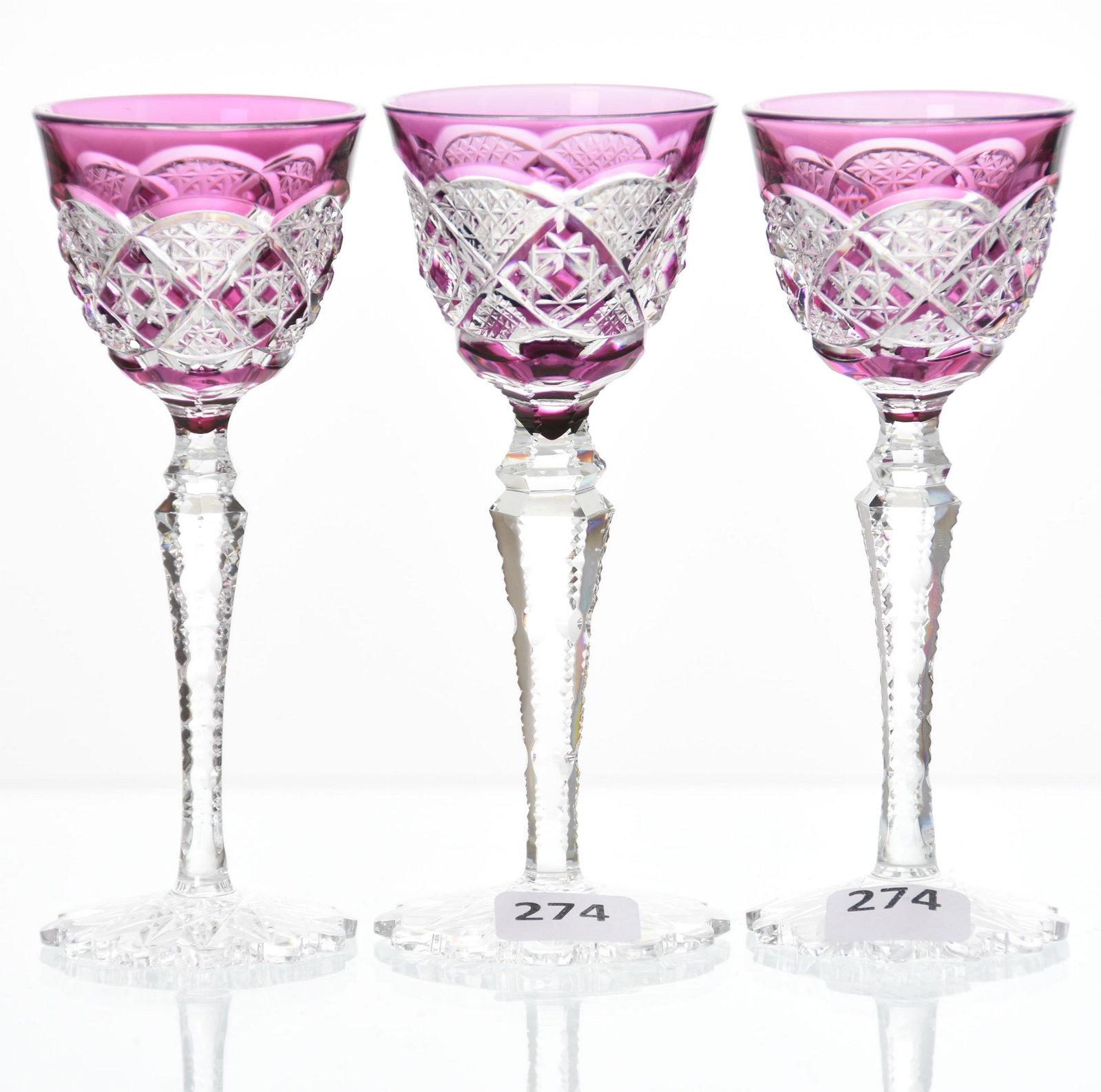 (3) Cordial Stems, Val St. Lambert: (3) Cordial Stems by Val St. Lambert, BPCG, 5" Amethyst Cut to Clear, Verrept Pattern, Circa 1920, Notched Stem, Scalloped Hobstar Foot