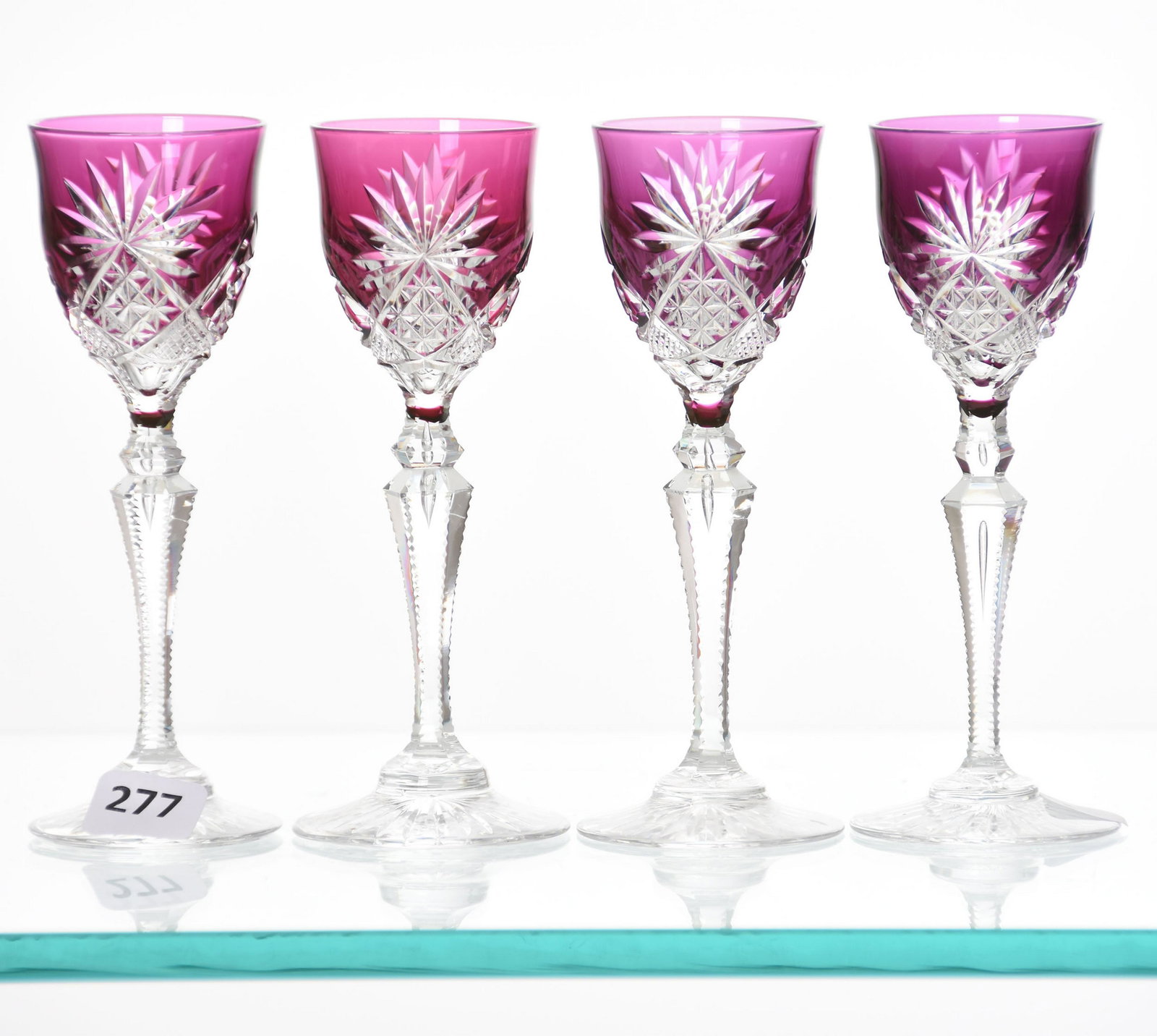 (4) Cordial Stems, Val St. Lambert: (4) Cordial Stems by Val St. Lambert, BPCG, 5.5" Amethyst Cut to Clear, Design 3269/17, Saar Louis Shape, circa 1905; Double Teardrop Stem, Ray Cut Foot
