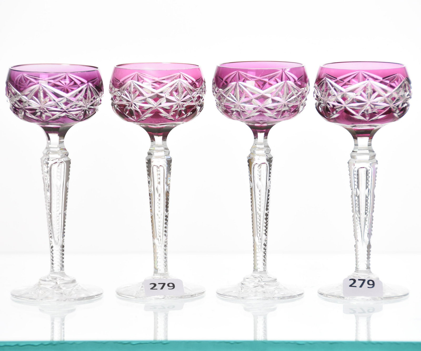 (4) Cordial Stems, Val St. Lambert: (4) Cordial Stems by Val St. Lambert, BPCG, 5" Amethyst Cut to Clear, Design HF-466, Circa 1920, Notched Hollow Stem, Hobstar Foot