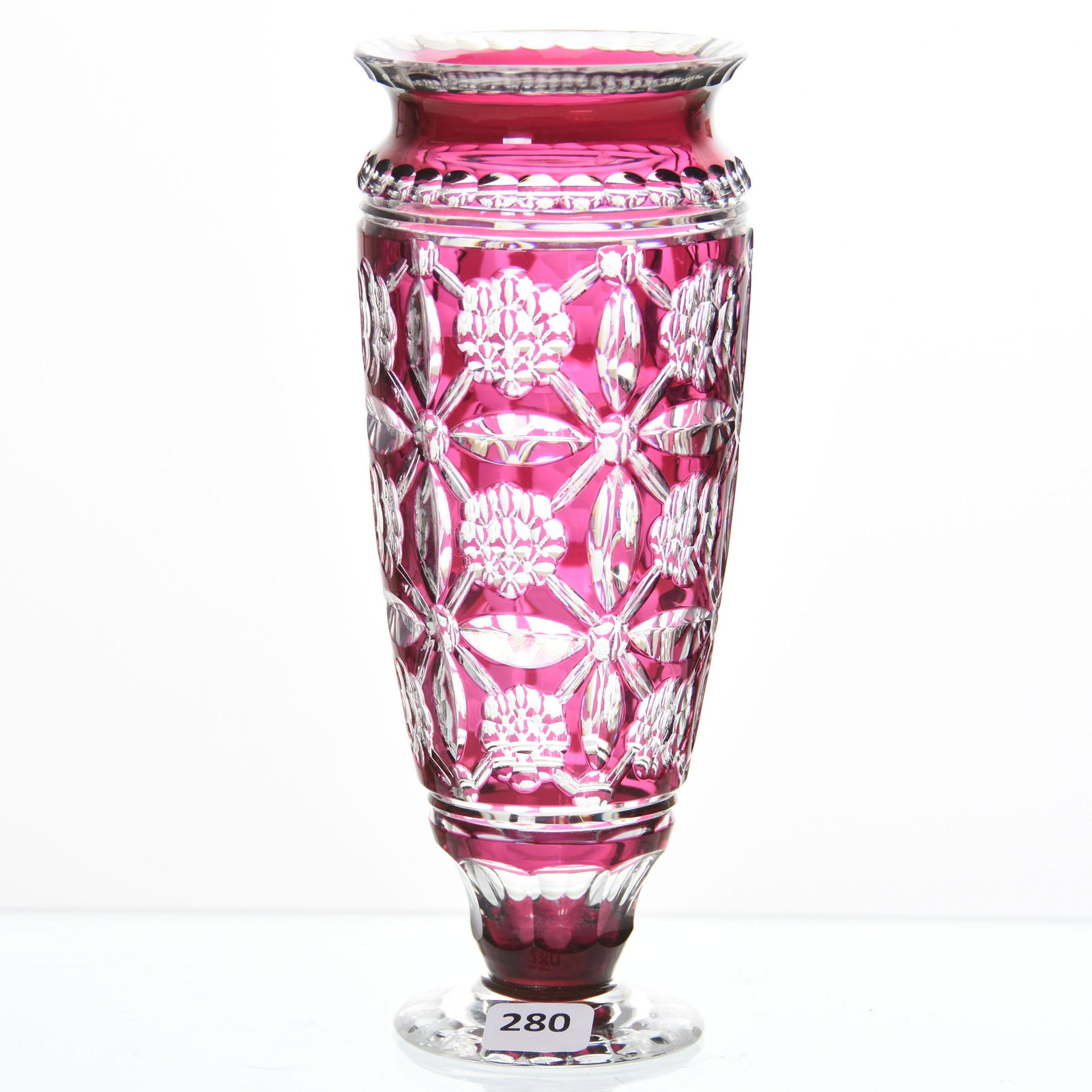 Vase, Val St. Lambert: Vase by Val St. Lambert, BPCG, 8" Amethyst Cut to Clear, Unknown Design of Petals & Split Miter Interlocking, Florence Shape, Clear Foot, Circa 1925