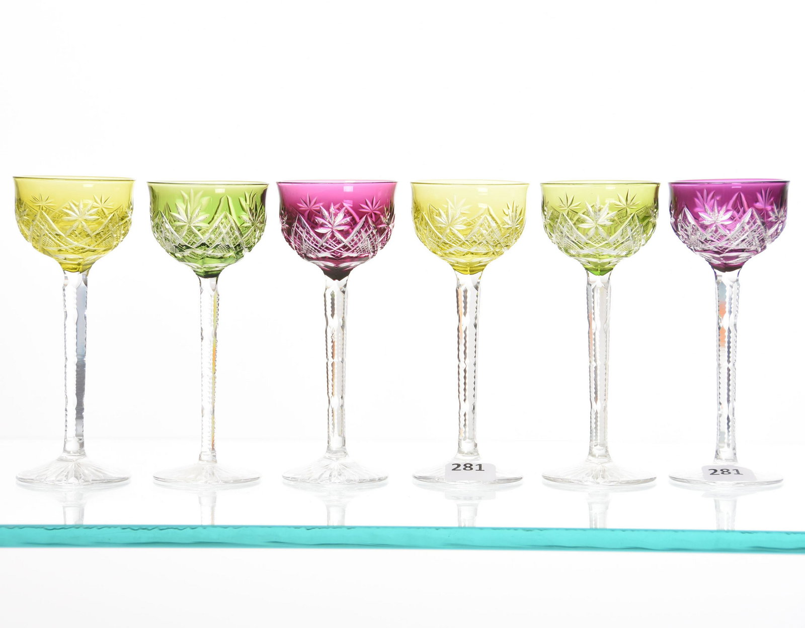(6) Cordial Stems, Val St. Lambert: (6) Cordial Stems by Val St. Lambert, BPCG, 5.25" Marconi Pattern, circa 1905, Notched Stem, Ray Cut Foot; (2) Yellow, (2) Green, (2) Amethyst