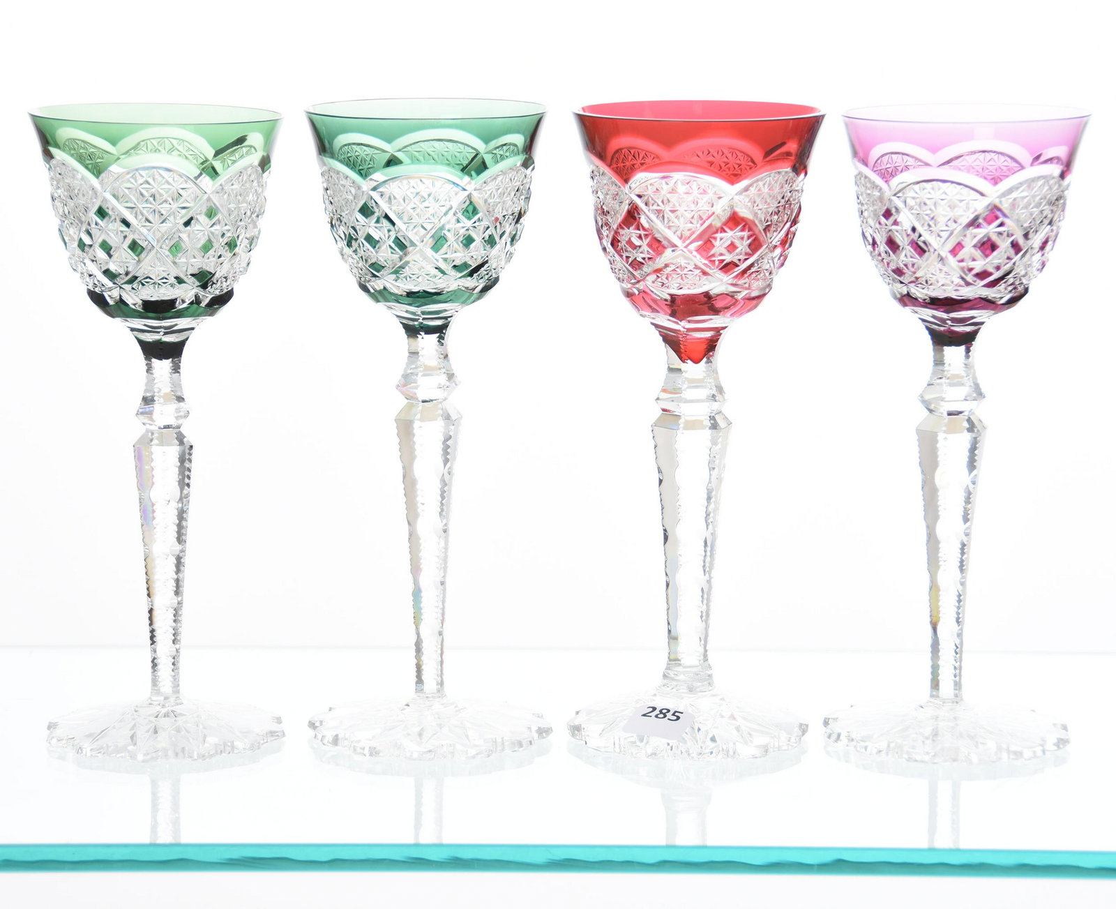 (4) Wine Stems, Val St. Lambert: (4) Wine Stems by Val St. Lambert, BPCG, 8.5" Verrept Pattern, Circa 1920, Notched Stem, Scalloped Hobstar Foot; (2) Green, (1) Cranberry, (1) Amethyst