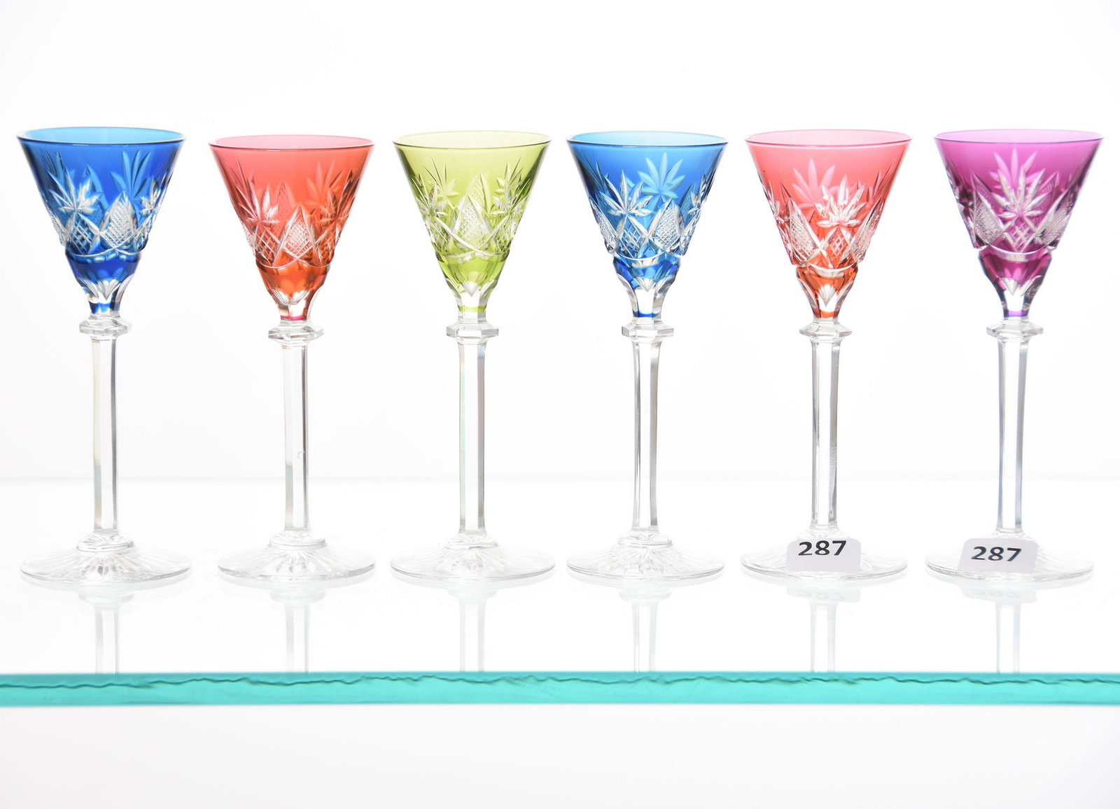 (6) Cordial Stems, Val St. Lambert: (6) Cordial Stems by Val St. Lambert, BPCG, 5" Eurydice Pattern, Berncastel Stem, Circa 1905; (2) Cranberry, (2) Blue, (1) Amethyst, (1) Green