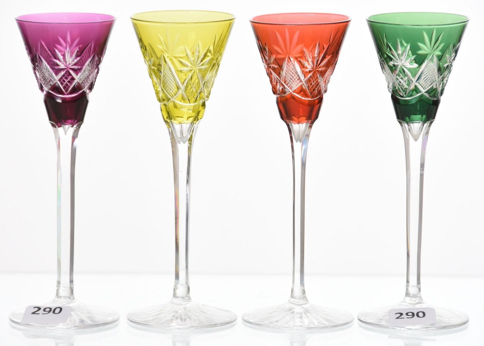 (4) Cordial Stems, Val St. Lambert: (4) Cordial Stems by Val St. Lambert, BPCG, 5.75" Eurydice Pattern, Circa 1905; (2) Cranberry, (1) Amethyst, (1) Emerald, (1) Yellow,