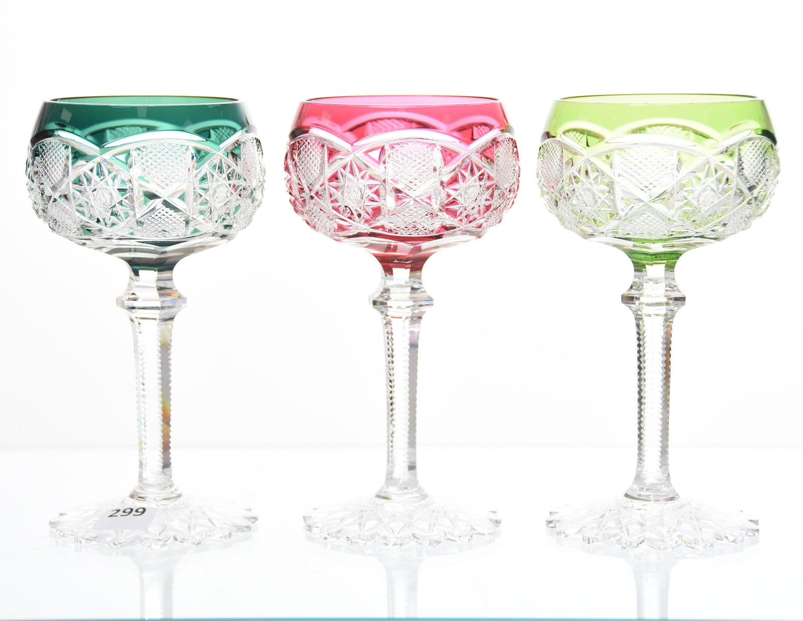 (3) Wine Stems, Val St. Lambert: (3) Wine Stems by Val St. Lambert, BPCG, 6.5" Saarbrucken Pattern, Circa 1905, Berncastel Stem, Scalloped Hobstar Foot; (1) Emerald, (1) Green, (1) Cranberry