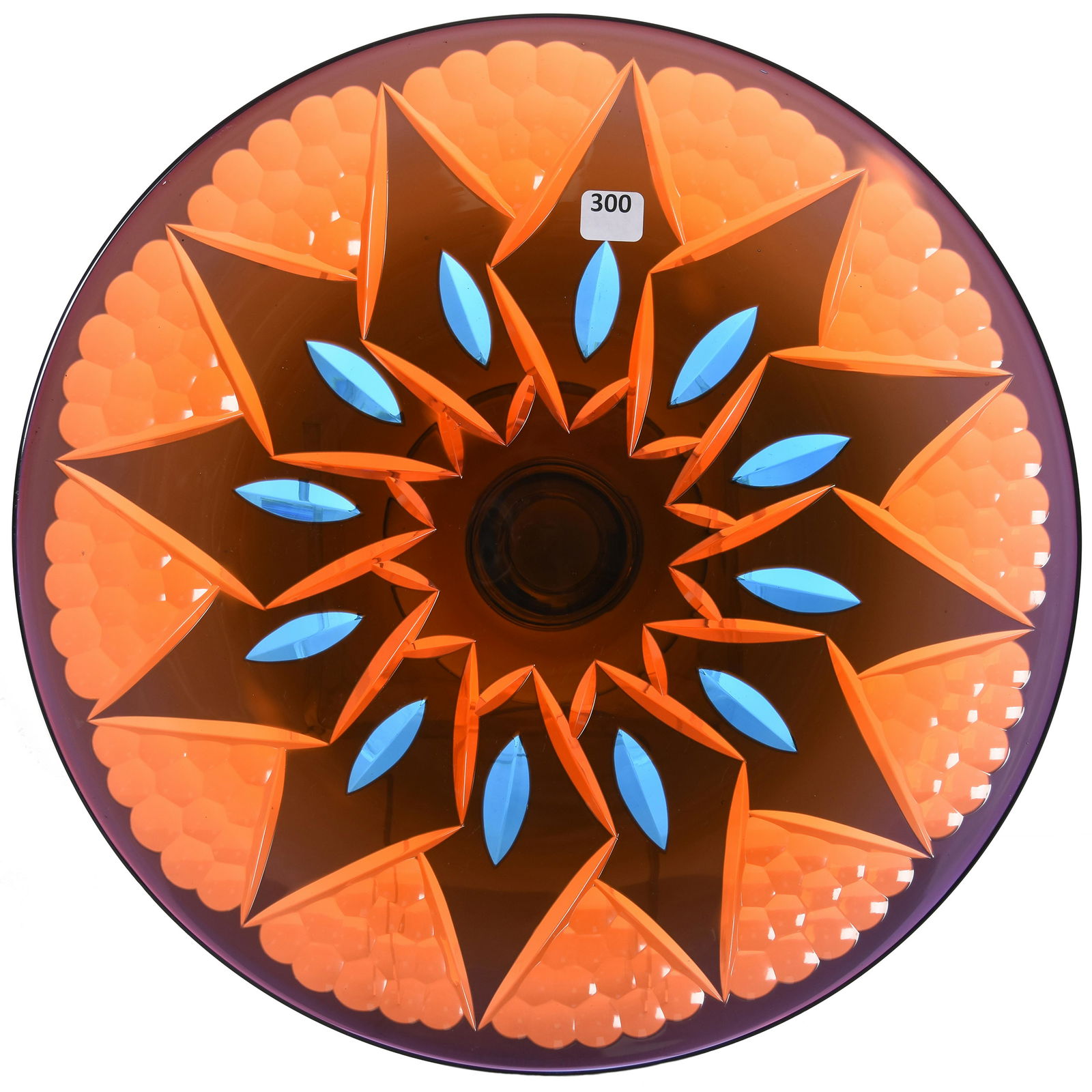 Cake Stand, Val St. Lambert: Extremely Rare Cake Stand by Val St. Lambert, BPCG 5" X 15"; Cobalt Cut to Orange Cut to Blue, Bethesda Pattern, Circa 1925, Cut on Top and Underside, Rare Tri-Color, Must See