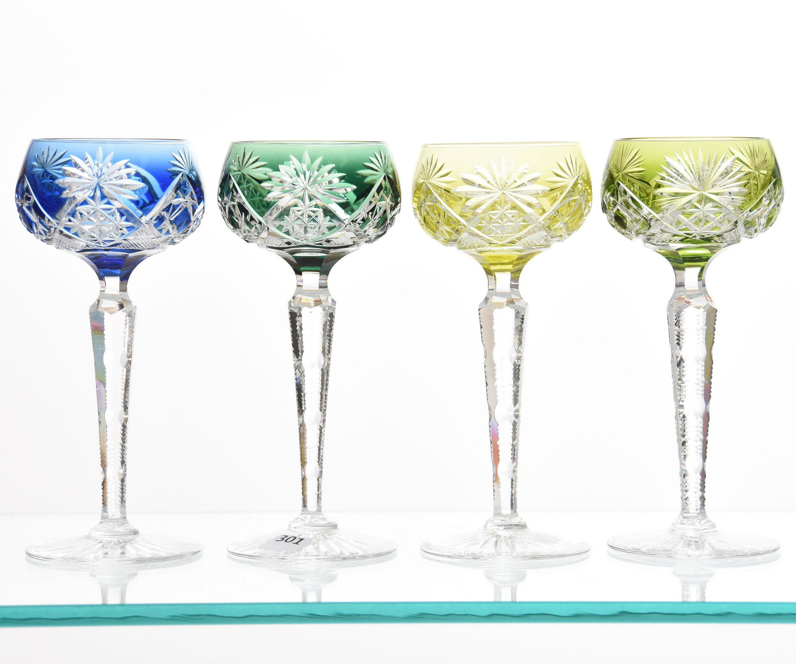 (4) Wine Stems, Val St. Lambert: (4) Wine Stems by Val St. Lambert, BPCG, 7.5" Pattern 3269/17, Model B Stem, Circa 1905, Ray Cut Foot; (1) Blue, (1) Emerald, (1) Green, (1) Chartreuse