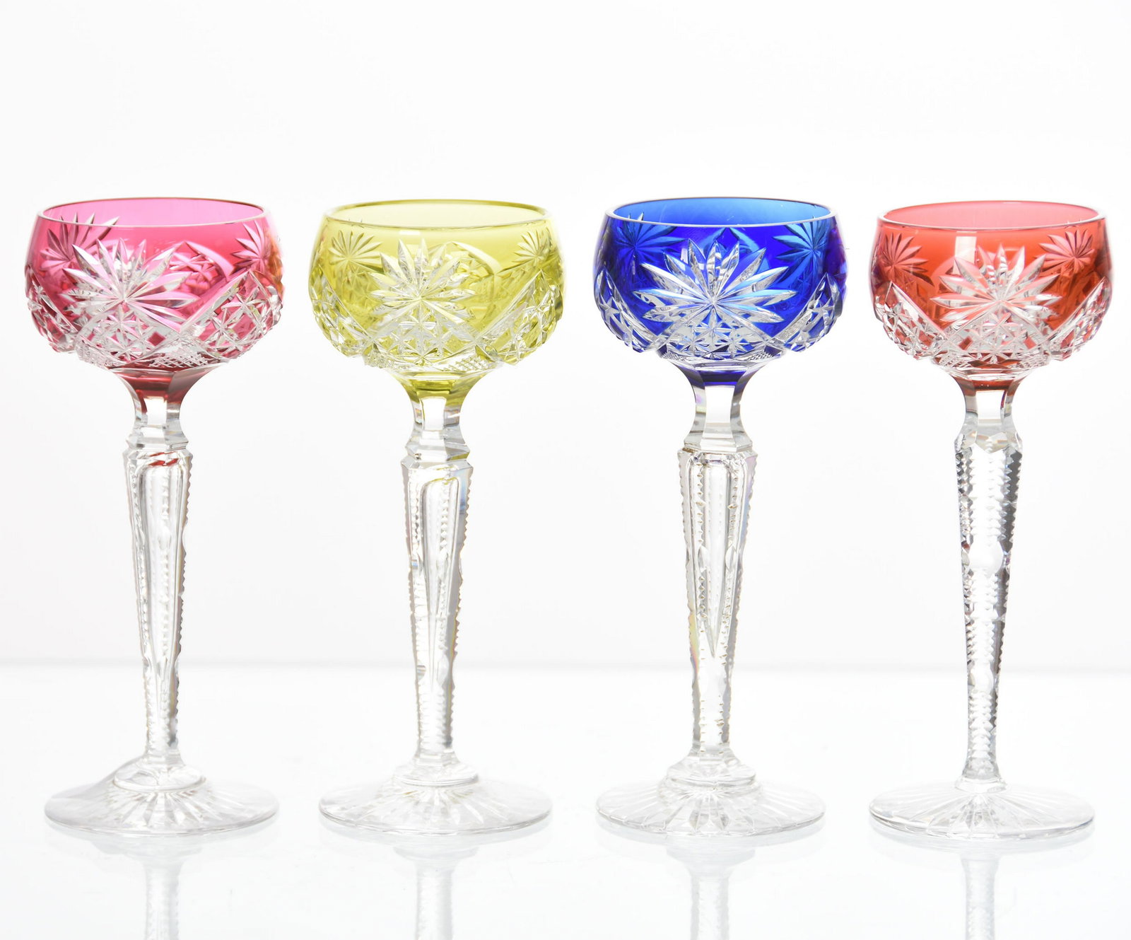 (4) Cordial Stems, Val St. Lambert: (4) Cordial Stems by Val St. Lambert, BPCG, 5.25" Pattern 3269/17, Circa 1905, Notched Hollow Stem, Ray Cut Foot; (1) Cranberry, (1) Cobalt, (1) Yellow, (1) Amber, Solid Notched Stem