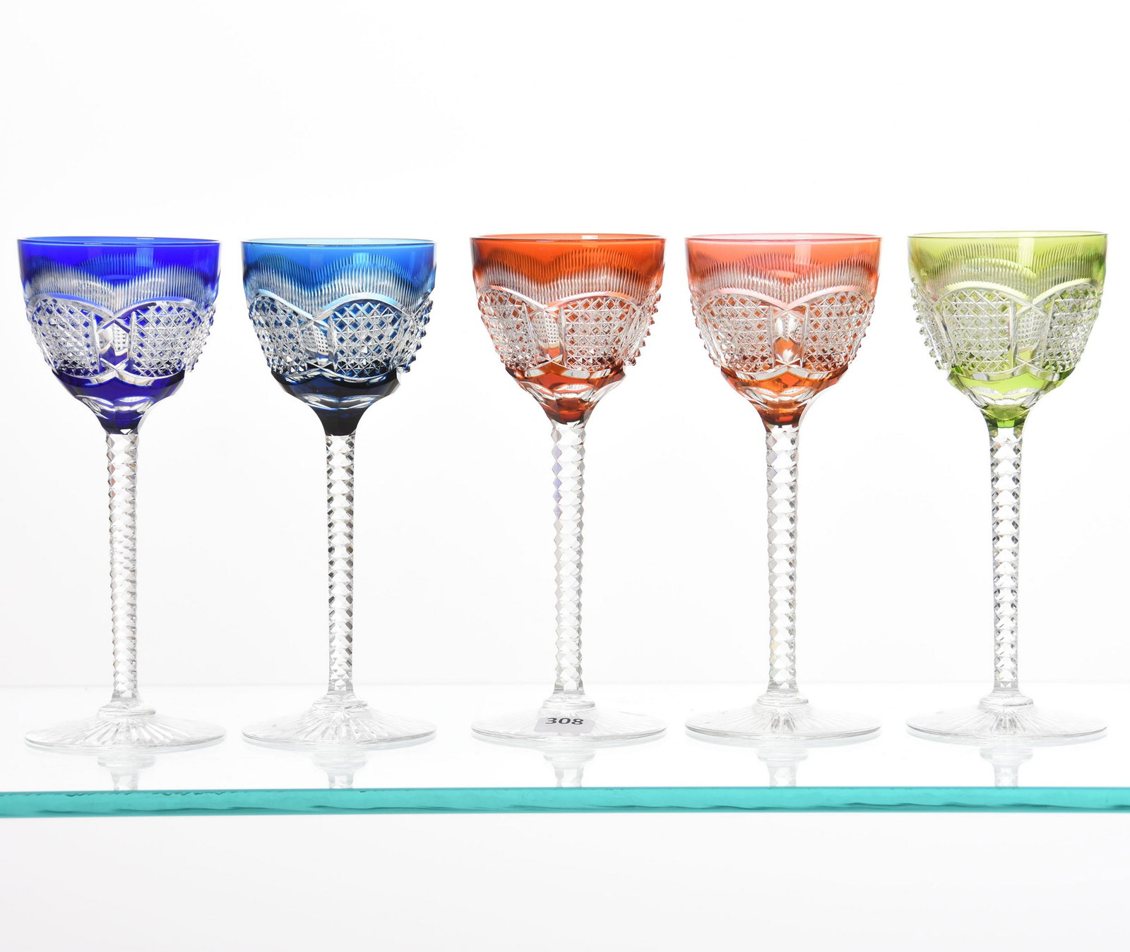 (5) Wine Stems, Val St. Lambert: (5) Wine Stems by Val St. Lambert, BPCG, 7.5" Aaron Pattern, Circa 1920; (2) Amber, (2) Cobalt, (1) Green