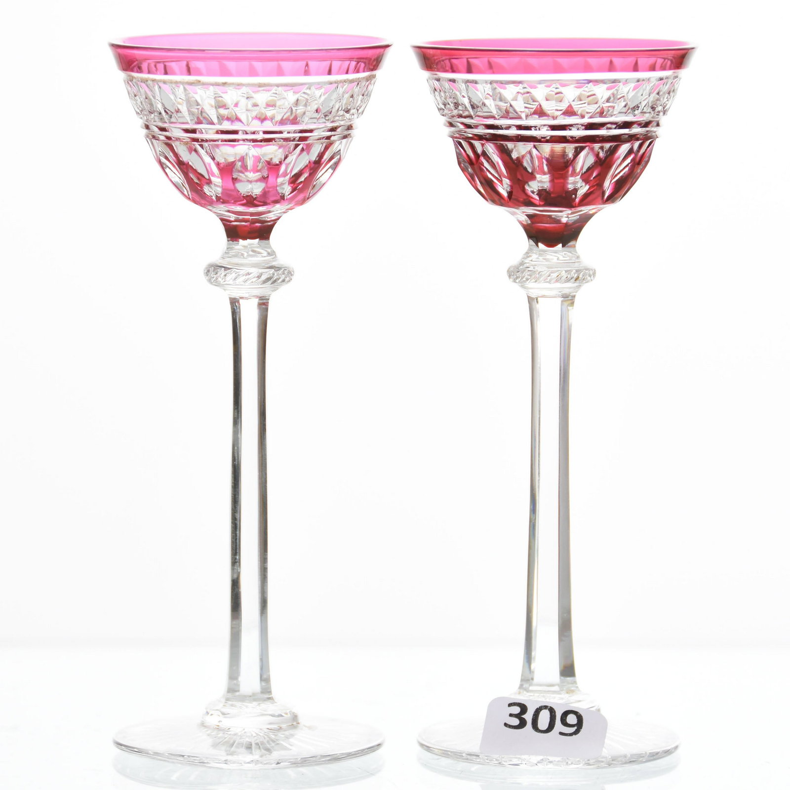 (2) Cordial Stems, Val St. Lambert: (2) Cordial Stems by Val St. Lambert, BPCG, 5.25" Cranberry Cut to Clear, Cressy Pattern, Circa 1920