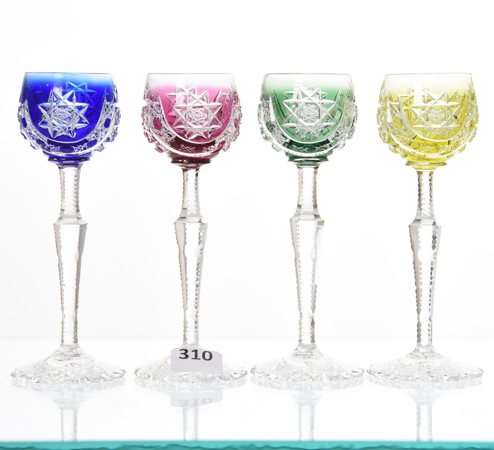 (4) Cordial Stems, Val St. Lambert: (4) Cordial Stems by Val St. Lambert, BPCG, 5" Metz Pattern, Circa 1906; (1) Cobalt, (1) Emerald, (1) Yellow, (1) Amethyst