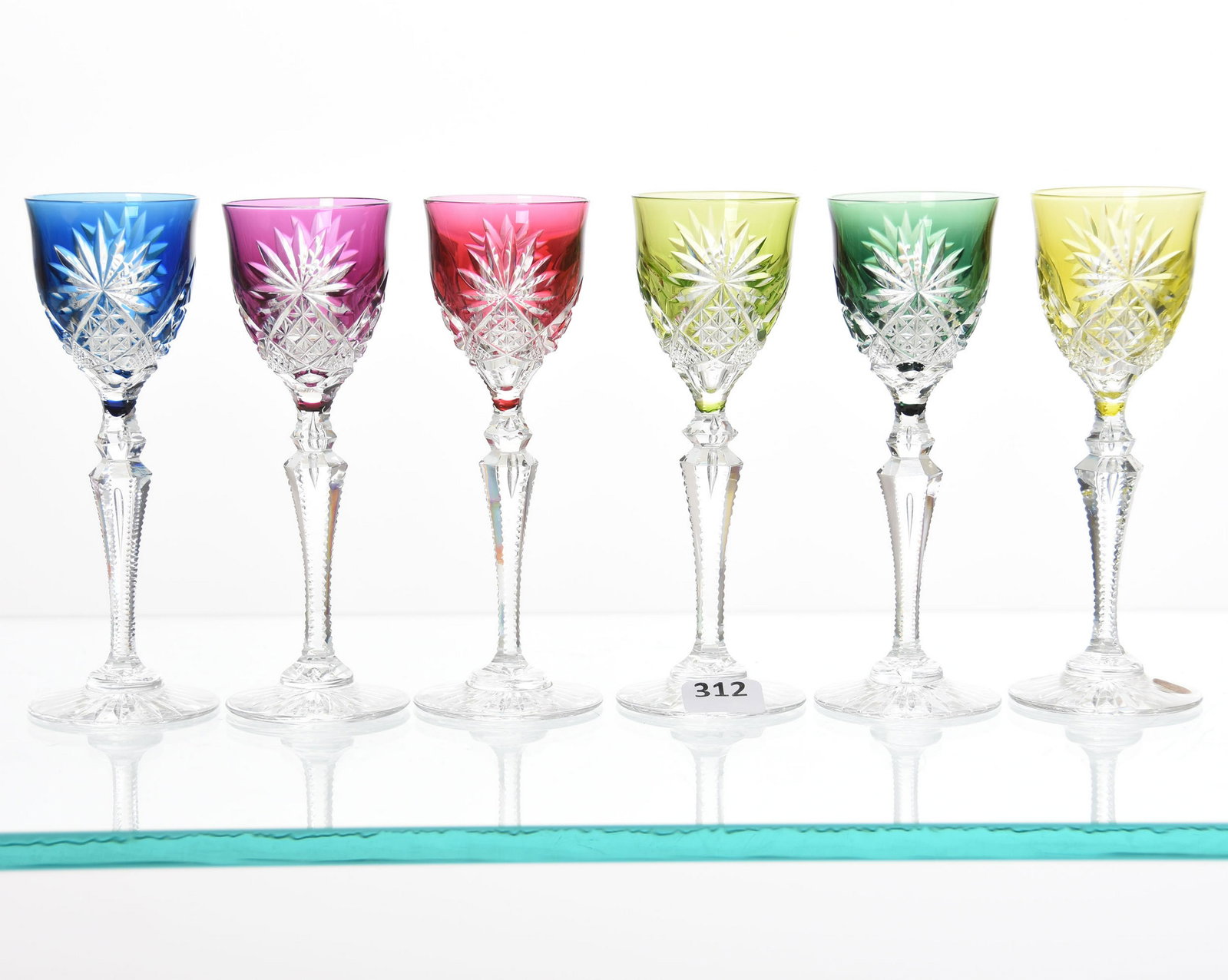 (6) Cordial Stems, Val St. Lambert: (6) Cordial Stems by Val St. Lambert, BPCG, 5.5" Design 3269/17, Circa 1905, Notched Double Teardrop Stem, Ray Cut Foot; (1) Cobalt, (1) Amethyst, (1) Emerald, (1) Cranberry, (1) Yellow, (1) Green