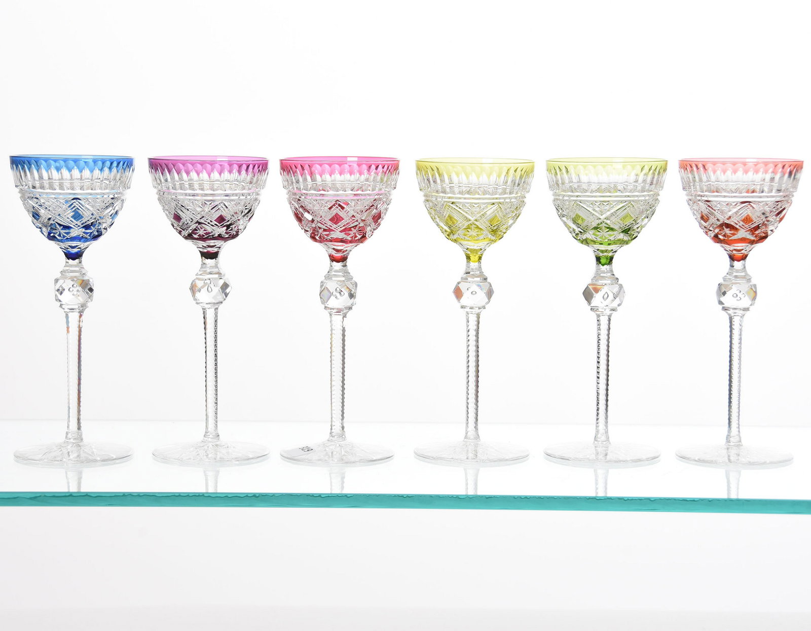 (6) Wine Stems, Val St. Lambert: (6) Wine Stems by Val St. Lambert, BPCG, 8" Pluton Pattern, Circa 1925, Large Lapidary Air Bubble Stem, Hobstar Foot; (1) Emerald, (1) Amethyst, (1) Cranberry, (1) Amber, (1) Yellow, (1) Blue