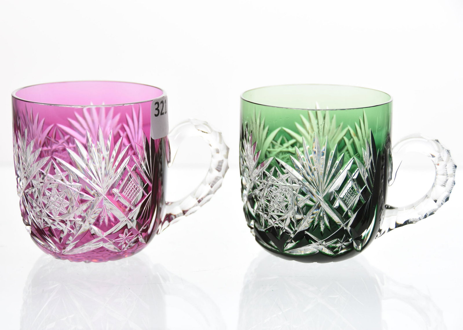(2) Punch Cups, Val St. Lambert: (2) Punch Cups by Val St. Lambert, BPCG, 2.75 Design 3863/17, Circa 1908, Triple Notched Handle, Hobstar Base; (1) Emerald Green; (1) Amethyst