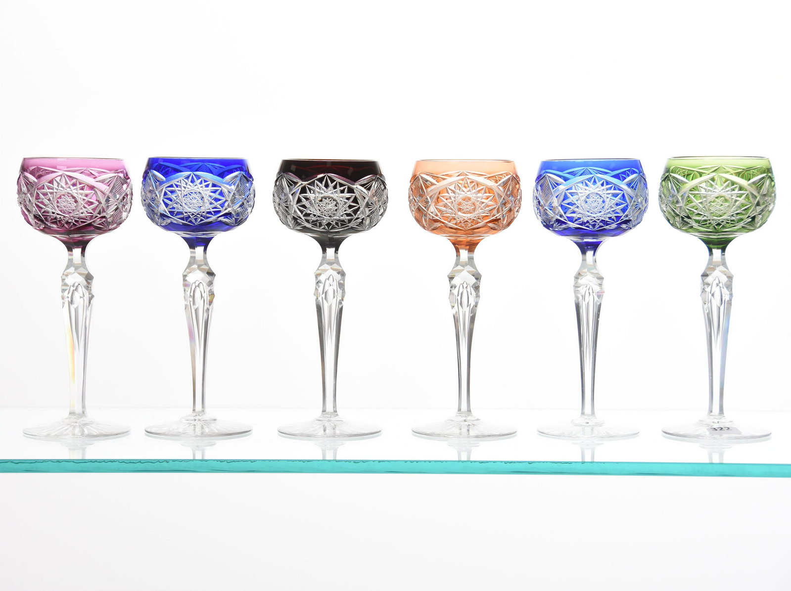 (6) Wine Stems, Val St. Lambert: (6) Wine Stems by Val St. Lambert, BPCG, 7.75" Stewart Pattern, Circa 1910, Facet Cut Teardrop Stem, Ray Cut Foot; (1) Green, (1) Orange, (1) Dark Ruby; (1) Amethyst; (2) Blue