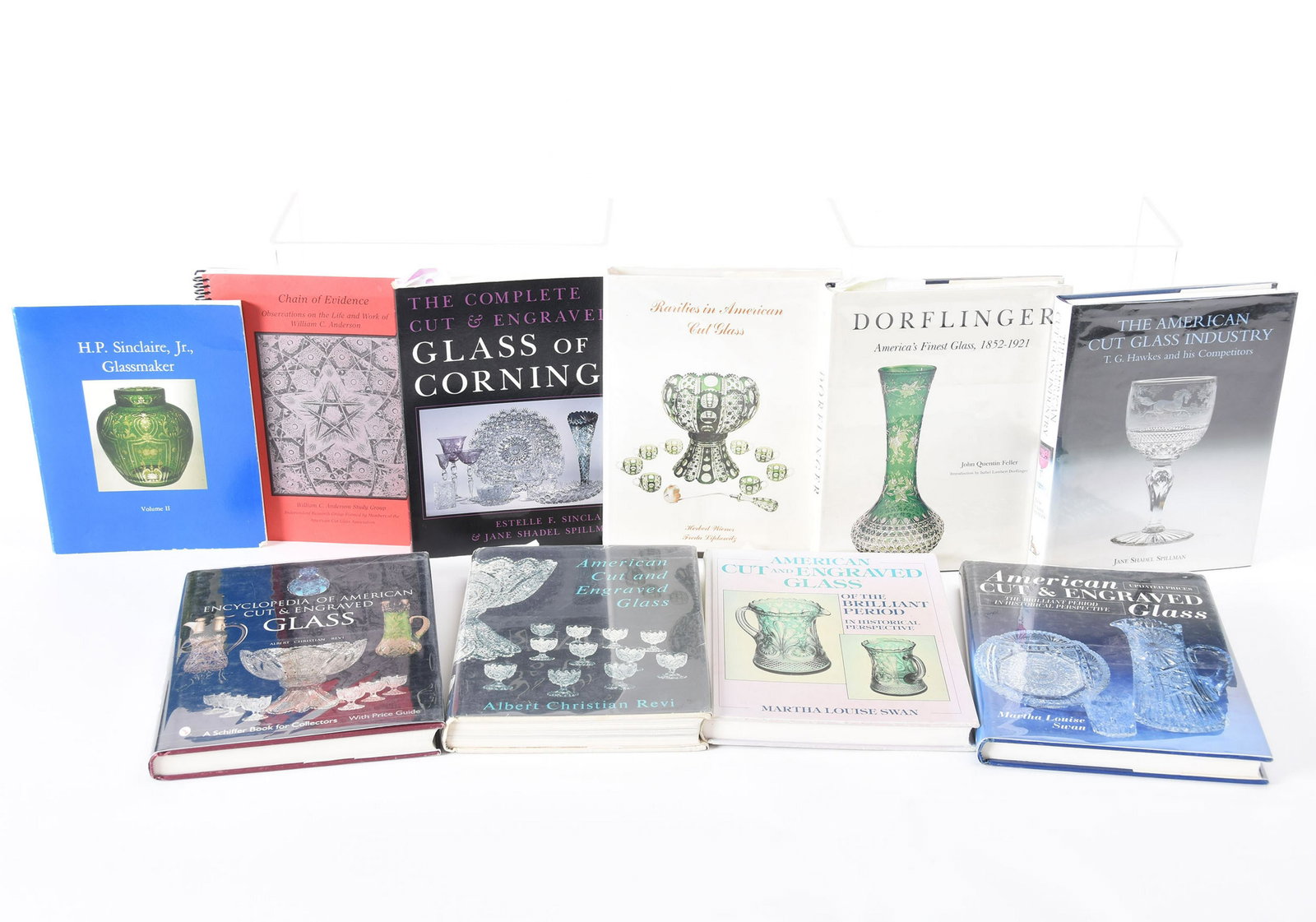 (10) Books About American Brilliant Cut Glass: (10) Books About American Brilliant Cut Glass H.P. Sinclaire Jr, Glassmaker, Volume II; Complete Cut & Engraved Glass of Corning by Sinclaire & Spillman; Dorflinger, America's Finest Glass, 1852-1921,