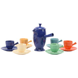 Demitasse Coffee Set, Vintage Fiesta: Demitasse Coffee Set, Vintage Fiesta 7.5" Covered Side Handle Pot, Cobalt Blue; (6) Matching Demitasse Cups & Saucers (Cobalt, Yellow, Green, White, Orange & Turquoise); Pot Marked Fiesta HLC USA;