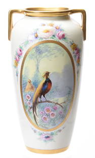 Vase, Marked Pickard Etched China, Handled: Vase, Marked Pickard Etched China, Handled, 10.25" Cream Background, Colorful Floral Highlights, Medallion Scene of Pheasant, Artist Signed E. Challinor; Nice Gold Trim; Circa 1910's, Margaret and