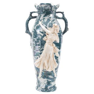 Two-Handle Porcelain Vase, Marked Royal Dux: Marked Royal Dux, Two-Handle Porcelain Vase 13.75" Female Archer, Relieve on Green and White Marbleized Background, Embossed Iris on Reverse Side, Pink Triangle Mark, Twig Handles, Nice Quality;