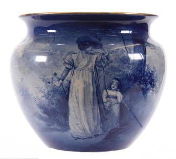 Jardiniere, Marked Royal Doulton, Blue Children: Jardiniere, Marked Royal Doulton, Blue Children 8" x 9" Scene of Woman and Child in Forest; Circa 1900's, Don Dukeman Collection