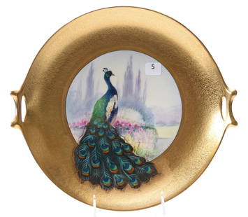 Cake Plate, Marked Pickard Etched China: Cake Plate, Marked Pickard Etched China, 12" Hand-Painted Peacock Decor, Brocade Gold Border on Bavaria Blank, Artist Signed Challinor; Circa 1910's, Margaret and the Late Joseph Karr Sr., Arkansas