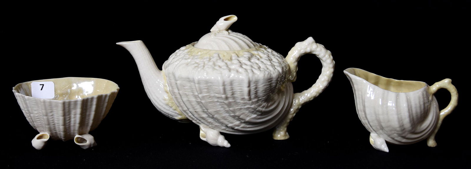 3 Piece Tea Set, Marked Belleek (2nd Mark): 3 Piece Tea Set, Marked Belleek (2nd Mark), Shell Mold 5" x 8.5" Tea Pot; Matching Creamer & Sugar; Circa 1900, Margaret and the Late Joseph Karr Sr., Arkansas
