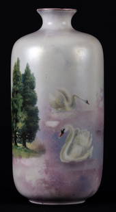 Vase, Marked R.S. Prussia, Swan & Evergreen Decor: Vase, Marked R.S. Prussia, 7.25" Swan & Evergreen Decor, White & Iridescent Lavender Satin Finish; Circa 1900's, Don Dukeman Collection; UPDATED 9/25, Size Added