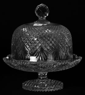 Pedestal Covered Butter Dish, ABCG: Pedestal Covered Butter Dish, ABCG, 8.5" x 8" Attributed to Hawkes, Crosscut Diamond & Fan Motif, Faceted Cut Knob Finial, Pattern Cut Base; Some Roughness on Base Pattern; Circa 1900, Margaret and