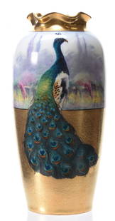 Vase, Marked Pickard Etched China: Vase, Marked Pickard Etched China, 9" Imperial Austria Blank, Hand-Painted Peacock Scenic Decor, Brocade Gold Bottom Half, Artist Signed E. Challinor, Original Pickard Store Label; Circa 1910's,