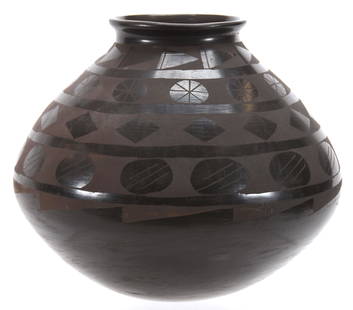 Mata Ortiz Black on Blackware Olla, Joel Silveira: Joel Silveira, Mata Ortiz Black on Blackware Olla 9.5" x 11" Classic Design, Signed, Furniture Store Label on Bottom T.H. Springer of El Paso (Presumably Outlet for Silveira); Circa 1970's, Margaret