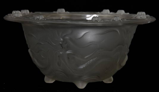 Unmarked Verlys Frosted Art Glass Mermaid Bowl: Unmarked Verlys Frosted Art Glass Mermaid Bowl, 5.5" x 12.25" Footed, Mermaid Design, Floral Border (Fake R. Lalique Mark on Base); Circa 1950's, Margaret and the Late Joseph Karr Sr., Arkansas